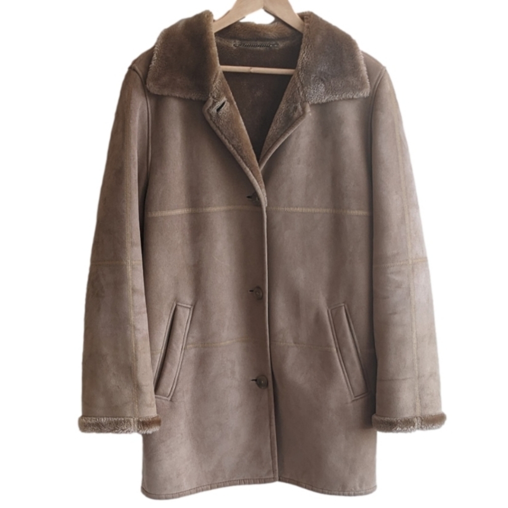 Vintage Faux Suede Fall Coat Camel Faux Fur Lined M/L